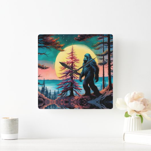 Gone Squatchin' Kleurrijke Sasquatch Landschap Vierkante Klok (Huis)