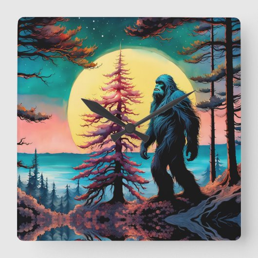 Gone Squatchin' Kleurrijke Sasquatch Landschap Vierkante Klok (Voorkant)