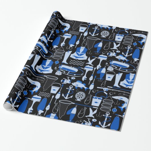 Gone Vissen Blue Pattern Cadeaupapier (Uitgerold)