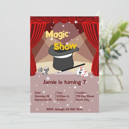 Goochelaar Show Kinder 7e Verjaardagsfeestuitnodig (Staand voorkant)