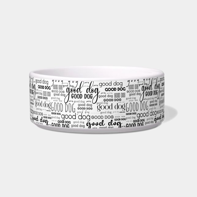 Good Dog Typography Pattern Black and White Voerbakje (Voorkant)