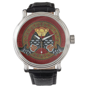 Good Fortune Symbool met Koi Fish en munt Horloge