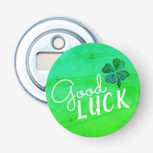 Good Luck Four Leaf Clover Shamrock Button Flesopener