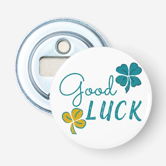 Good Luck Four Leaf Clover Shamrock Button Flesopener (Voorkant)