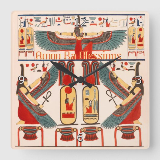 Good Luck Hieroglyphics, Egyptian God Amon Ra Vierkante Klok (Voorkant)