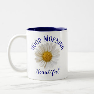 Good Morning Blue Text White Daisy Tweekleurige Koffiemok