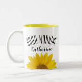 Good Morning Custom Name Sunflower Tweekleurige Koffiemok (Links)