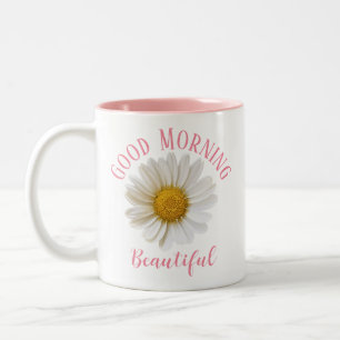 Good Morning Pink Text White Daisy Tweekleurige Koffiemok