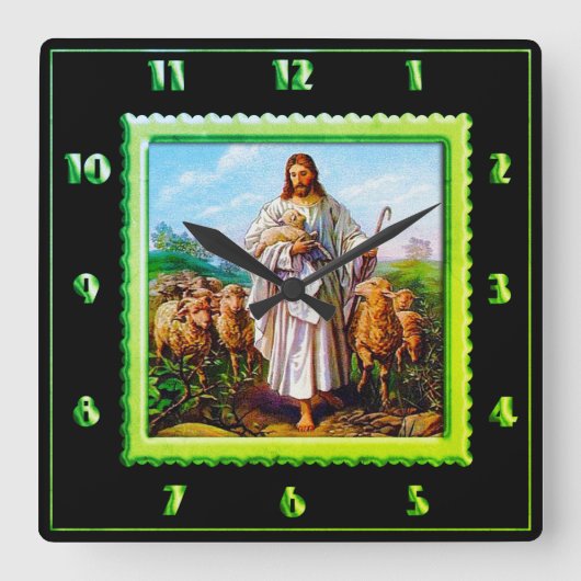 Good Shepherd Green Square Clock Vierkante Klok (Voorkant)