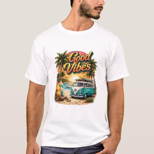 Good Vibes Retro Beach Van T-Shirt | Summer Surf  (Devant)