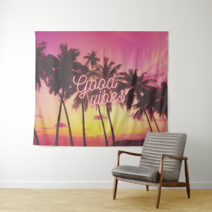 Good Vibes Tropical Pink Sunset Beach Palm Tree Wandkleed