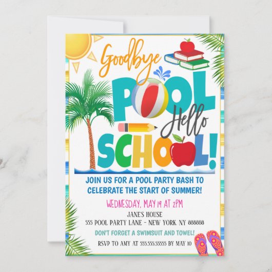 Goodbye Pool Hallo School Party Uitnodiging (Voorkant)