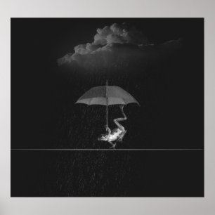 Goofy Black and White Frog met Umbrella in Rain Poster