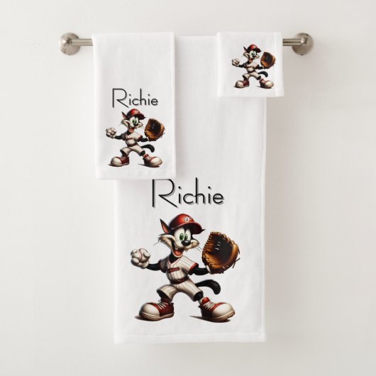 Goofy Cat Baseball Pitcher eindigt met naam Bad Handdoek (Insitu)