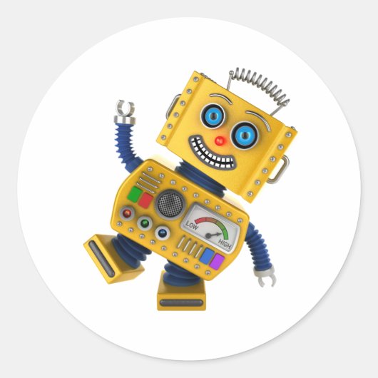 Goofy yellow speelgoed robot ronde sticker (Voorkant)