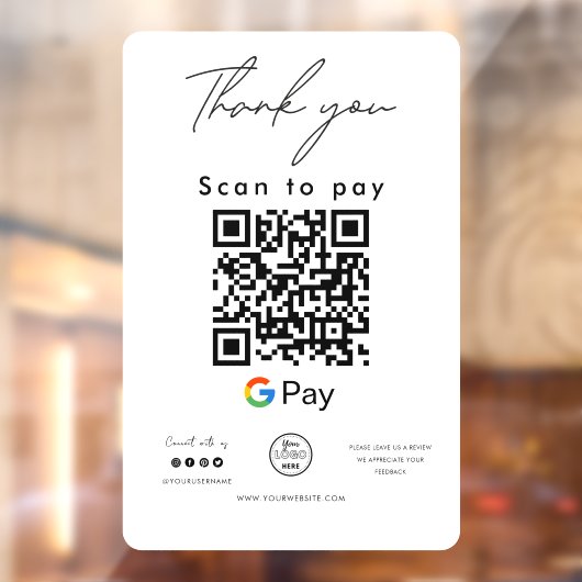 Google Pay QR Code Logo Scan to Pay Hartelijk dank Raamsticker (Vel 2)
