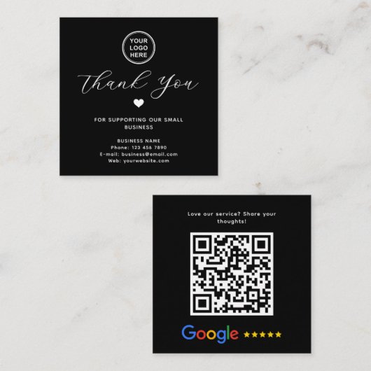 Google Review QR-code Bedankt Black Modern Vierkante Visitekaartje (Voorkant / Achterkant)