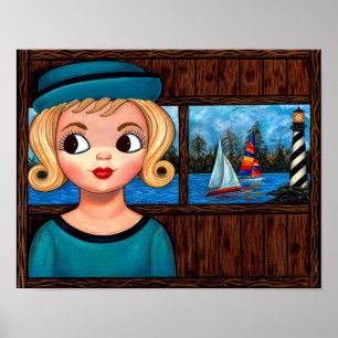 Googly Girl Sailor Head Vase Lighthouse Sailboot Poster