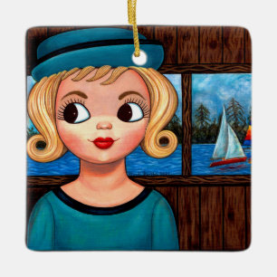 Googly Girl Sailor Head Vase Sailboat Cute Big Eye Keramisch Ornament