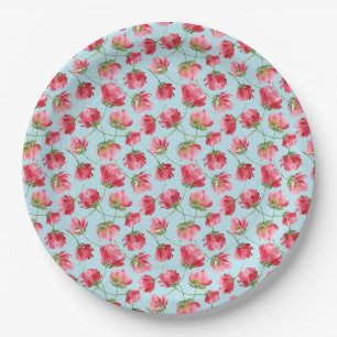 Gooide Crimson Rode Waterverf Bloemen Polka Dots Papieren Bordje