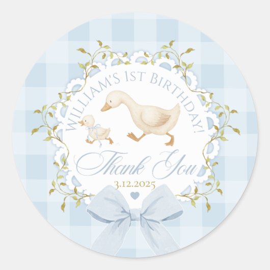 Goose Birthday Blue Gingham Thank you Ronde Sticker (Voorkant)