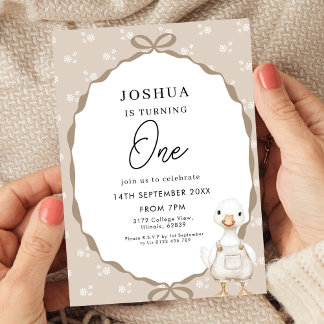 Goose First Birthday Invitation in Neutral Beige Kaart
