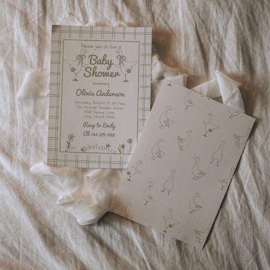 Goose Hand Drawn Green Neutral Classic Baby shower Kaart