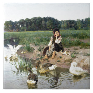 Goose Herder White Geese Animals Pond Tile Tegeltje