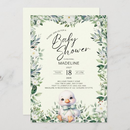Goose with Bow Greenery Baby shower Uitnodiging (Voorkant / Achterkant)