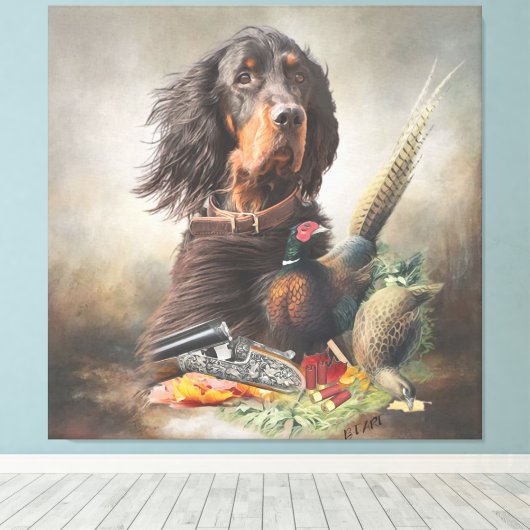 Gordon setter met fazanten, Art Canvas Afdruk (Insitu (Houten vloer))