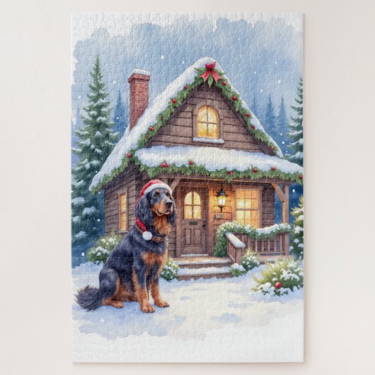 Gordon Setter Snowy Lodge Santa Hat Christmas Art Legpuzzel (Verticaal)