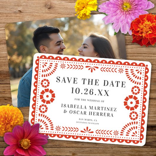 Gorgeous Papel Picado Photo Warm Red Wedding Save The Date