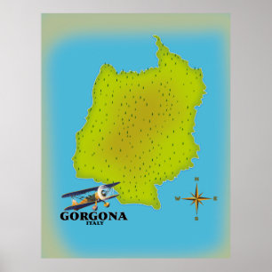 Gorgona Italië brengt reisposter in kaart. Poster