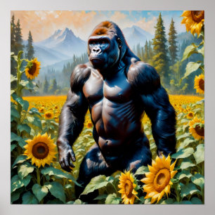 Gorilla aap in een veld van zonnebloem poster