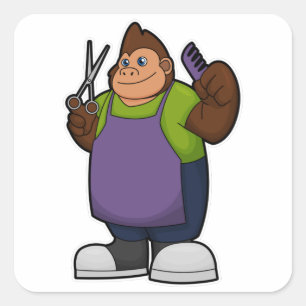 Gorilla als hairdresser met schaar en kam vierkante sticker