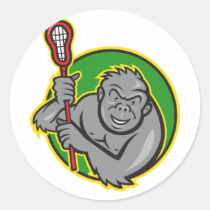Gorilla Ape met Lacrosse Stick Cartoon Ronde Sticker