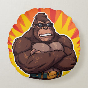 Gorilla Bodybuilder Gewichtheffer Pop Art Cartoon Rond Kussen
