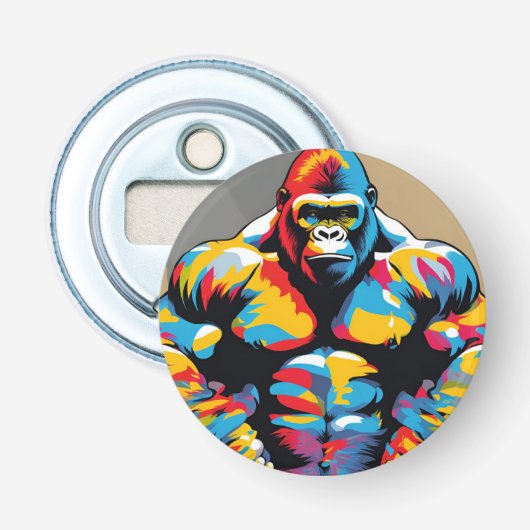 Gorilla Bodybuilder Gewichtslifter Pop Art Cartoon Button Flesopener (Voorkant)