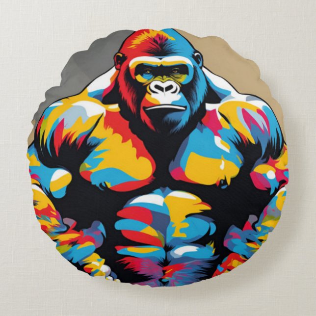 Gorilla Bodybuilder Gewichtslifter Pop Art Cartoon Rond Kussen (Voorkant)