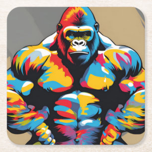 Gorilla Bodybuilder Gewichtslifter Pop Art Cartoon Vierkante Kartonnen Onderzetter