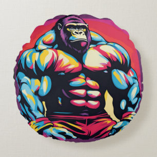 Gorilla Bodybuilder Lifter Pop Art Cartoon Rond Kussen