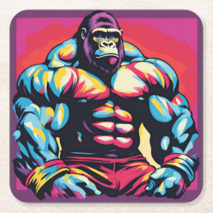 Gorilla Bodybuilder Lifter Pop Art Cartoon Vierkante Kartonnen Onderzetter