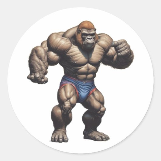 Gorilla Bodybuilder Pop Art Cartoon Drawing Ronde Sticker (Voorkant)