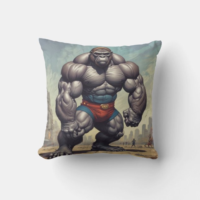 Gorilla Bodybuilder Pop Art Cartoon Tekenen Kussen (Voorkant)