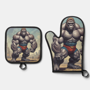 Gorilla Bodybuilder Pop Art Cartoon Tekenen Ovenwant & Pannenlap Set