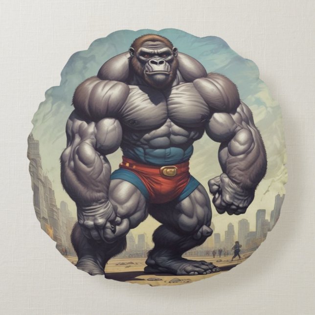 Gorilla Bodybuilder Pop Art Cartoon Tekenen Rond Kussen (Voorkant)