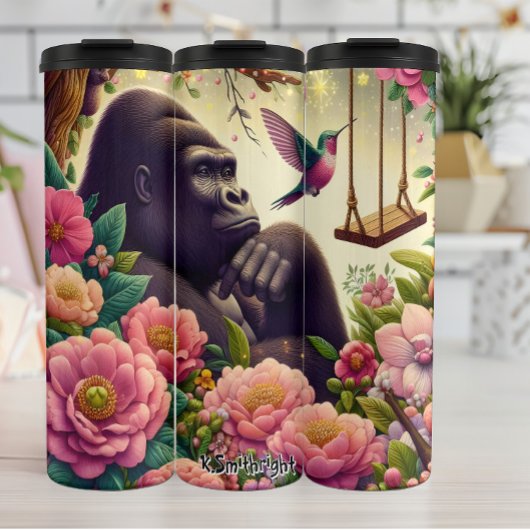 Gorilla in een fantasietuin thermosbeker