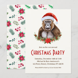Gorilla in een kerstfeest van Santa Hat Poinsettia Kaart