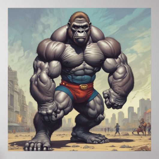 Gorilla Lichaamstrainer Pop Art Cartoon Tekening Poster (Voorkant)