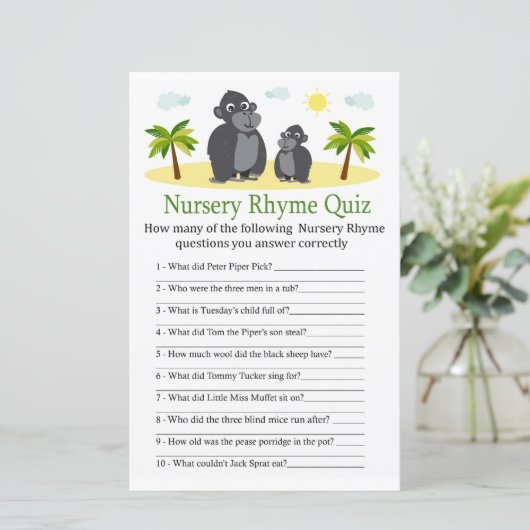Gorilla Nursery Rhyme Quiz baby shower game (Staand voorkant)